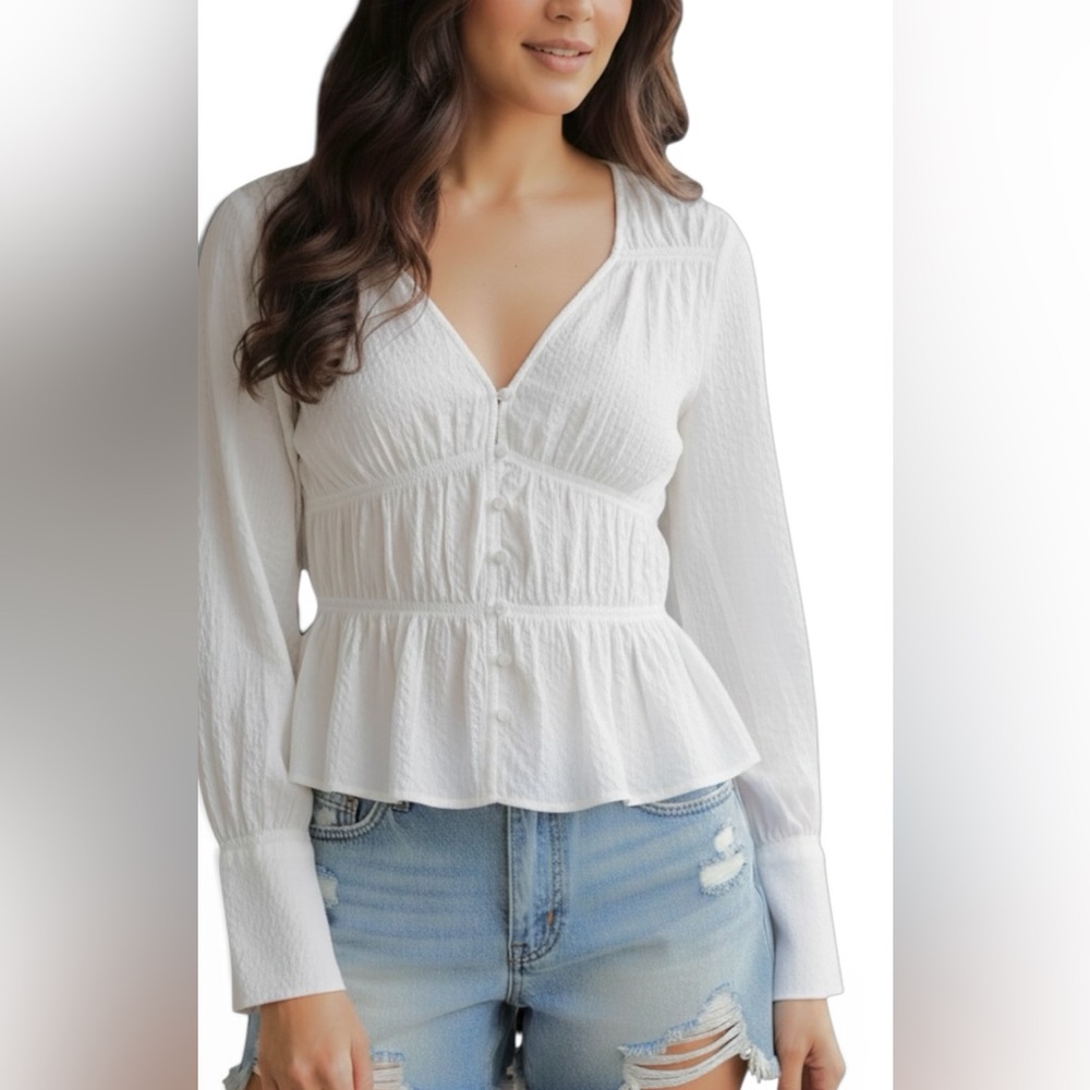 Frame White V-Neck Crinkle Smoked Blouse Crop Long Sleeve Blouse Size S Boho Top